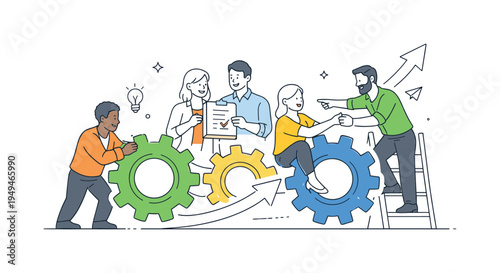 A diverse group of professionals supporting each other while building a successful project together, illustrated through a clear visual metaphor of interlocking gears, a rising