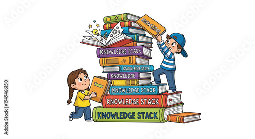 Children happily stacking colorful books to build a towering knowledge stack for learning and education.