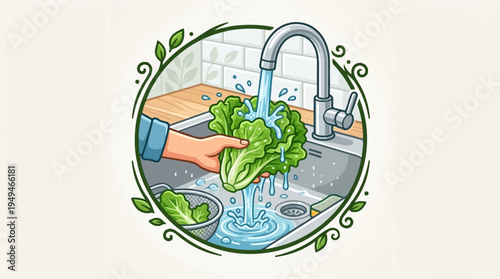 Washing fresh green lettuce under running water in a kitchen sink.