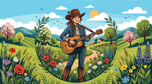 Woman playing acoustic guitar in a country music setting.