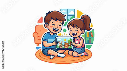 Two joyful children sharing a digital tablet watching cartoons together with happy expressions.