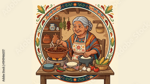 Elderly woman cooking traditional meal in a rustic kitchen setting.