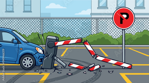 Blue car crashed into a parking barrier causing damage and debris.