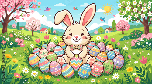 Adorable Easter Bunny Surrounded by Colorful Decorated Eggs.