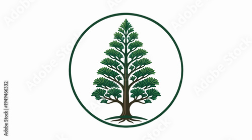 Vibrant green tree with strong roots inside a circular frame.