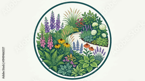 Vibrant Circular Garden Illustration with Diverse Flowering Plants and Winding Path.