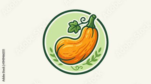 Vibrant orange butternut squash with green stem and leaf in a circular emblem.