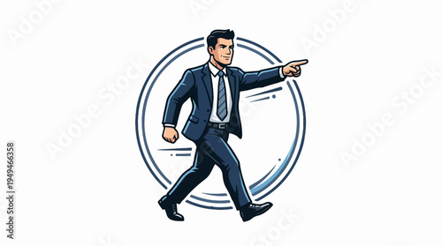 Confident businessman in suit pointing forward with determination.