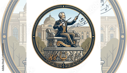 Vintage illustration of a male conductor leading an orchestra with musical notes.