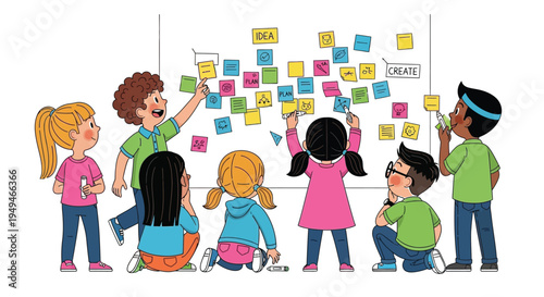 Diverse group of happy children collaborating together using sticky notes on a whiteboard