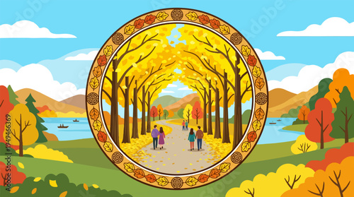 Autumnal treelined path with people strolling framed in a decorative circular border.