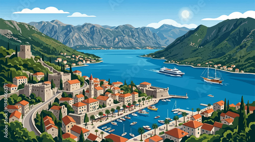 Charming Coastal Town with RedRoofed Buildings and a Bustling Harbor.