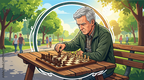 Elderly Man Engaged in a Strategic Game of Chess Outdoors.