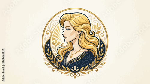 Elegant Portrait of a Woman with Flowing Blonde Hair in a Decorative Frame.