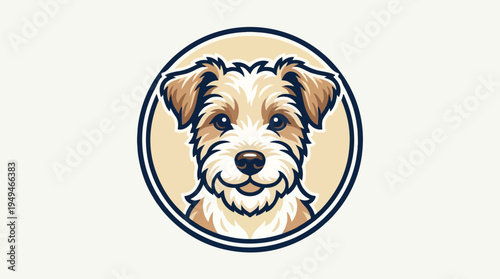 Adorable terrier dog head in a circular frame cartoon style.
