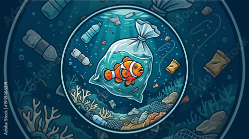 Clownfish trapped in plastic bag in polluted ocean.