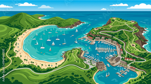 Aerial view of a vibrant bay with a bustling marina and sandy beach.