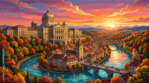 Bernese Parliament Building and Aare River in Autumn Sunset.