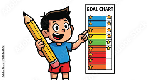 Cheerful cartoon boy holding a giant pencil enthusiastically pointing to his educational goal chart achievements