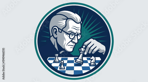 Elderly man playing chess with intense focus.
