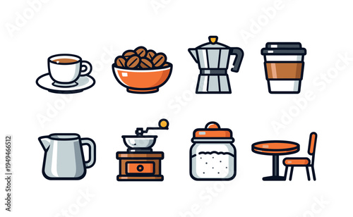 Coffee shop essentials: espresso cup, coffee beans bowl, moka pot coffee maker, takeaway coffee cup with lid, milk pitcher, coffee grinder, sugar jar, cafe table with chair