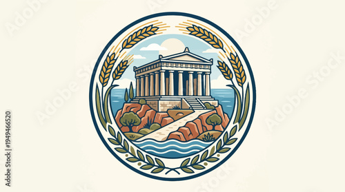 Ancient Greek Temple Emblem with Laurel Wreath and Wheat Stalks.