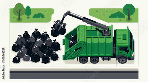 Automated garbage truck collecting trash bags on a street.