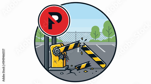 Broken parking barrier with a parking sign.