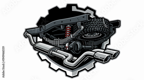 Offroad vehicle suspension and exhaust system illustration.