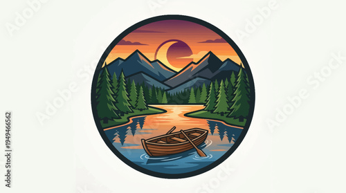 Serene Mountain Lake with Boat at Sunset.