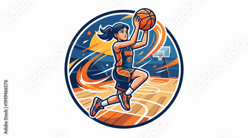 Dynamic female basketball player midair shot action.