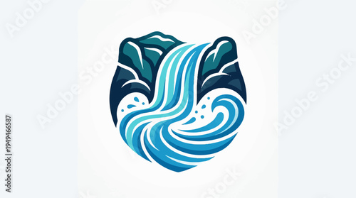 Stylized Waterfall Flowing Down Mountainside Illustration.