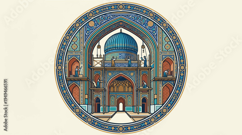 Intricate Islamic architectural illustration with a central dome and ornate archways.