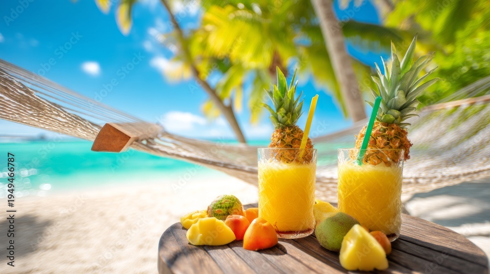 Obraz premium Tropical Beach Scene with Hammock and Refreshing Pineapple Juice Glasses