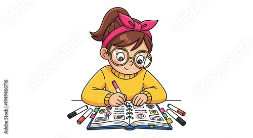 Focused girl with glasses diligently writing and decorating her open planner with colorful markers