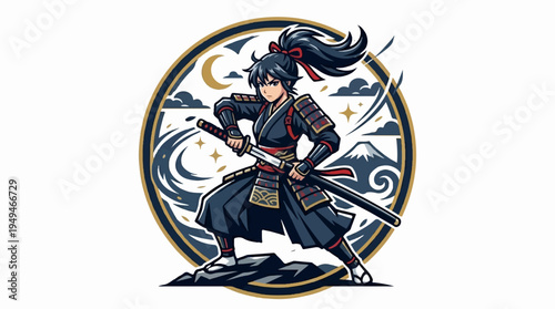 Dynamic Samurai Warrior in Traditional Armor with Katana Sword.