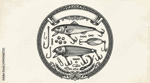 Vintage Fishing Lures and Hooks Medallion Engraving.