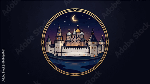 Moscow Kremlin at night a historical fortress with iconic cathedrals and towers under a crescent moon.