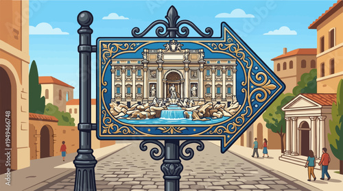 Ornate directional sign pointing towards the Trevi Fountain in Rome.