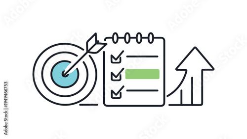 Digital goal tracking and structured productivity planning in a modern work environment, a simple target icon placed beside a checklist and a small upward arrow forming a clear