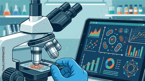 Scientist analyzing microscopic samples with advanced laboratory equipment and digital data display.