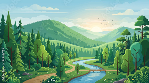 Lush green forest with winding river and distant mountains at sunrise.