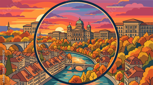 Magnifying glass reveals vibrant autumn city river landscape.