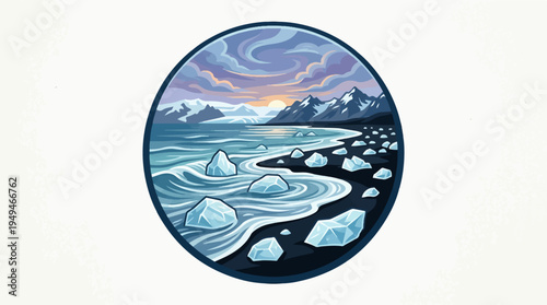 Circular artwork depicting a serene arctic landscape with icebergs.