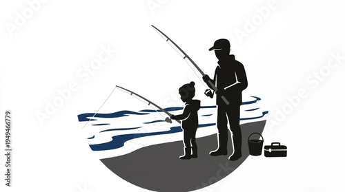 Father and child fishing together enjoying a peaceful day by the water.