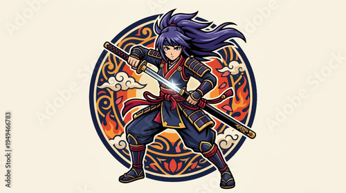 Dynamic Samurai Warrior with Katana in Traditional Japanese Attire.