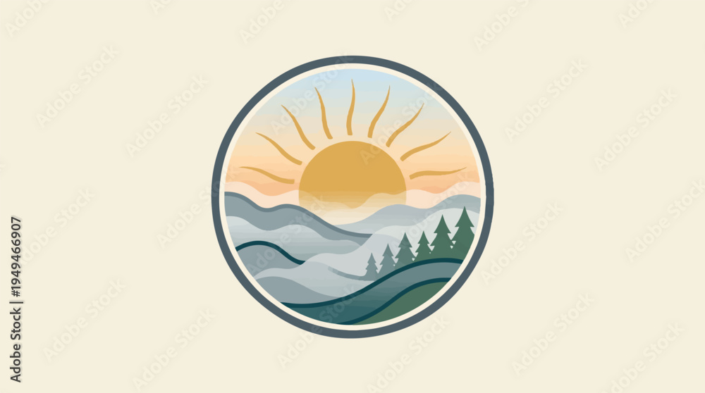 Obraz premium Sunrise over mountains and forest in a circular emblem.