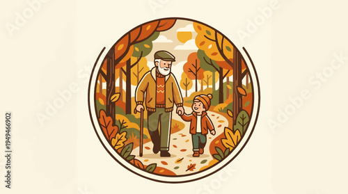 Grandfather and grandchild walking hand in hand through an autumn forest.