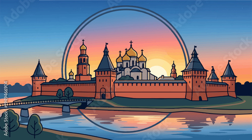Ancient Russian Kremlin fortress with golden domes at sunset.
