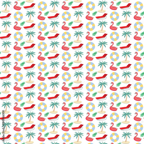 Colorful summer pattern with flamingos and sun loungers on white background